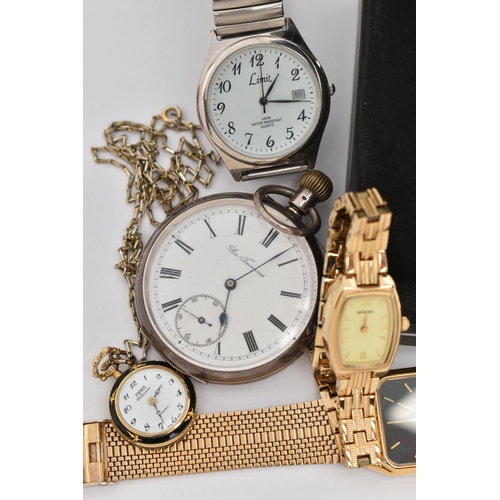 129 - TWO POCKET WATCHES AND ASSORTED WRISTWATCHES, to include a white metal open face, manual wind pocket... 