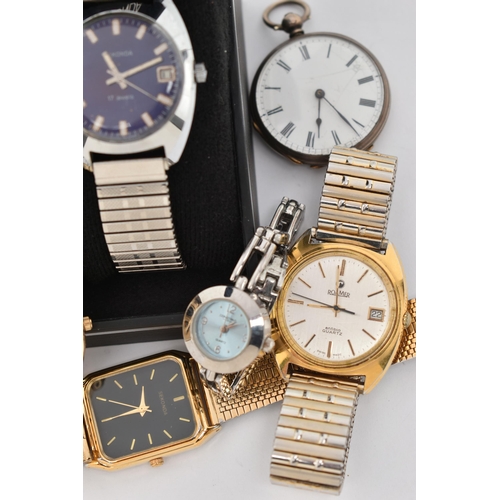 129 - TWO POCKET WATCHES AND ASSORTED WRISTWATCHES, to include a white metal open face, manual wind pocket... 