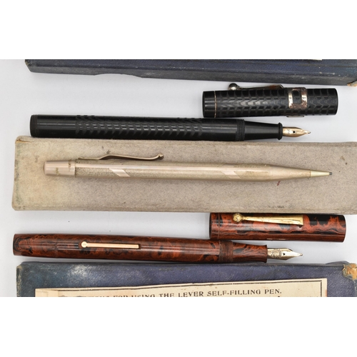 131 - FOUR FOUNTAIN PENS AND A PENCIL, two brown 'Ty-phoo' fountain pens and two black fountain pens, each... 