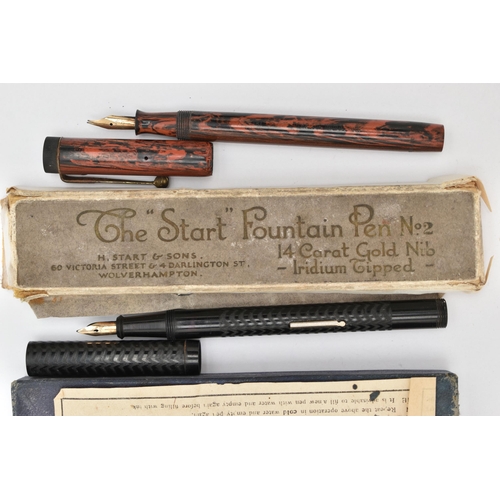 131 - FOUR FOUNTAIN PENS AND A PENCIL, two brown 'Ty-phoo' fountain pens and two black fountain pens, each... 