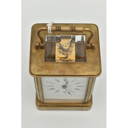 90 - A CASED BRASS CARRIAGE CLOCK, key wound, missing key, white dial with cracks and damage, Roman numer... 