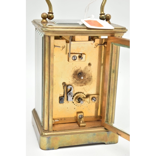 90 - A CASED BRASS CARRIAGE CLOCK, key wound, missing key, white dial with cracks and damage, Roman numer... 