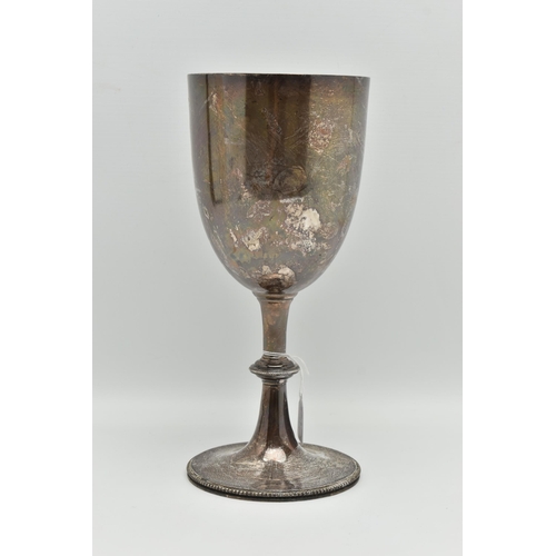 91 - AN EARLY 20TH CENTURY SILVER TROPHY CUP, the plain bowl on a knopped stem and circular foot with bea... 