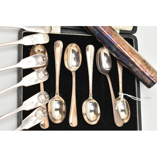 96 - A PARCEL OF SILVER AND SILVER PLATE, comprising a cased set of six George V silver coffee spoons wit... 