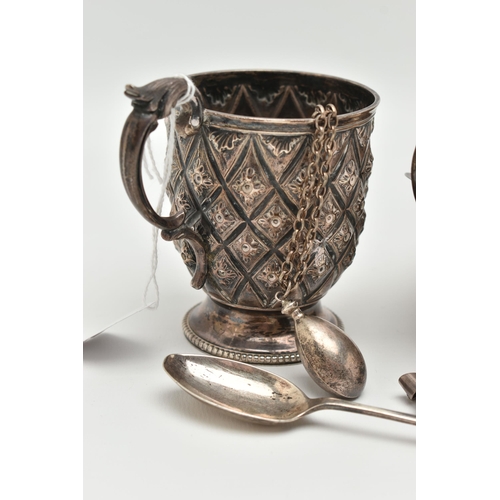 97 - A PARCEL OF SILVER AND SILVER JEWELLERY, comprising a Victorian christening mug with repousse and ch... 