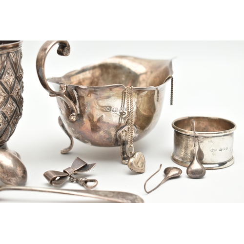 97 - A PARCEL OF SILVER AND SILVER JEWELLERY, comprising a Victorian christening mug with repousse and ch... 