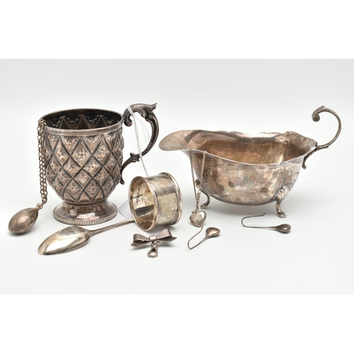 97 - A PARCEL OF SILVER AND SILVER JEWELLERY, comprising a Victorian christening mug with repousse and ch... 