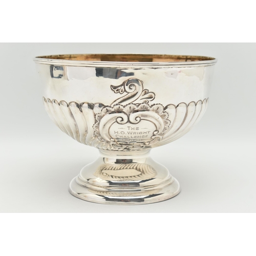 98 - A LATE VICTORIAN SILVER, ROSE BOWL CHALLENGE TROPHY, embossed stop reeded pattern with scrolling vac... 