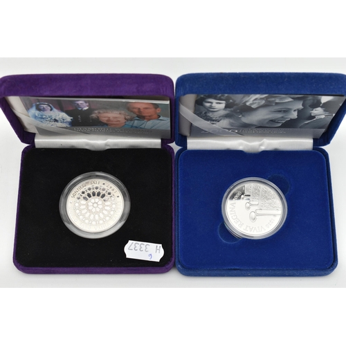 132 - TWO SILVER COMMEMORATIVE COINS, the first a five pound coin dated 2007 commemorating the diamond wed... 