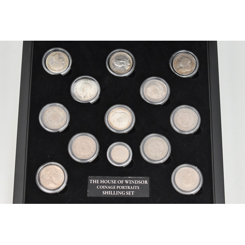 135 - A CASED SET OF COMMEMORATIVE COINS, The House of Windsor coinage portraits shilling set by The Bradf... 