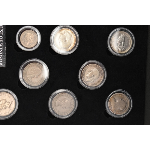 135 - A CASED SET OF COMMEMORATIVE COINS, The House of Windsor coinage portraits shilling set by The Bradf... 