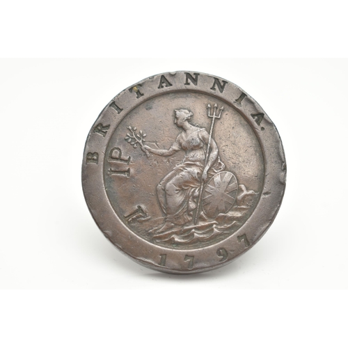 141 - A GEORGE III COPPER CARTWHEEL BRITANNIA TWO PENCE COIN 1797, diameter 40mm (condition report; wear i... 