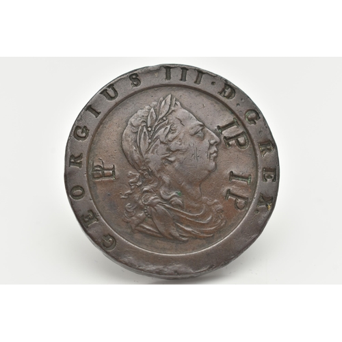 141 - A GEORGE III COPPER CARTWHEEL BRITANNIA TWO PENCE COIN 1797, diameter 40mm (condition report; wear i... 