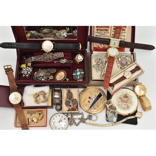 143 - A BOX OF ASSORTED WRISTWATCHES AND COSTUME JEWELLERY, to include a gents gold plated 'Avia, 17 jewel... 