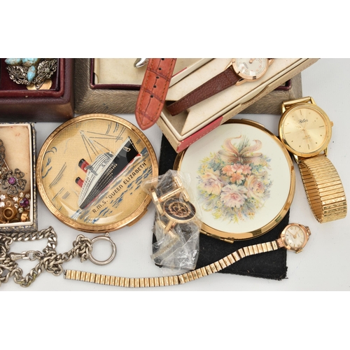 143 - A BOX OF ASSORTED WRISTWATCHES AND COSTUME JEWELLERY, to include a gents gold plated 'Avia, 17 jewel... 