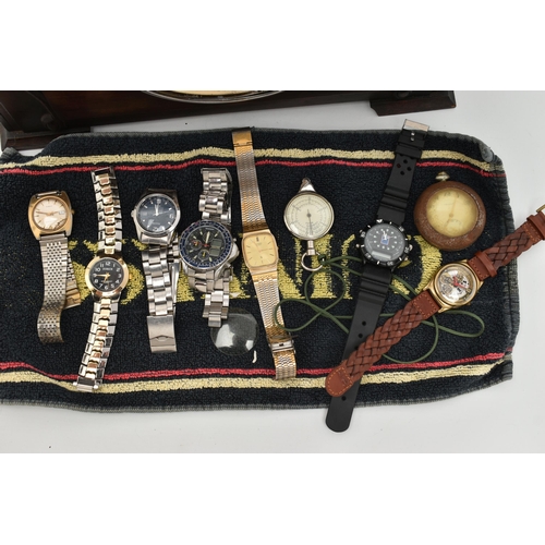 145 - A SELECTION OF SIX QUARTZ WATCHES, A POCKETWATCH AND A CLOCK, to include a Doxa pocket watch with ou... 