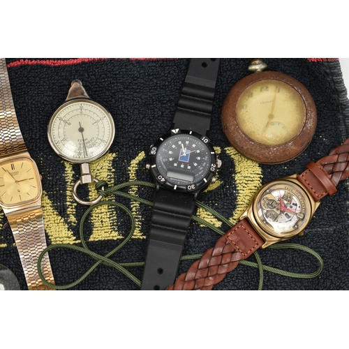 145 - A SELECTION OF SIX QUARTZ WATCHES, A POCKETWATCH AND A CLOCK, to include a Doxa pocket watch with ou... 