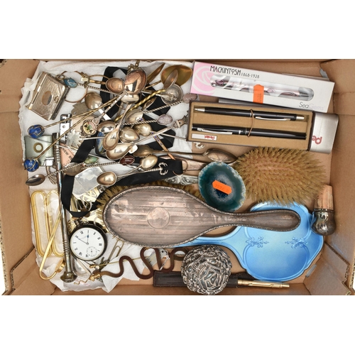 147 - A SILVER OPEN FACE POCKET WATCH, THREE SILVER VANITY ITEMS AND OTHER ITEMS, to include an AF manual ... 