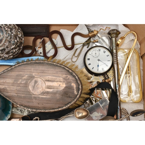 147 - A SILVER OPEN FACE POCKET WATCH, THREE SILVER VANITY ITEMS AND OTHER ITEMS, to include an AF manual ... 