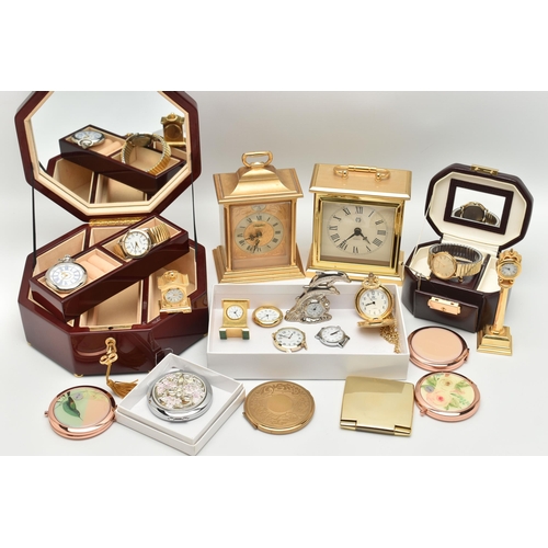 148 - CARRIAGE CLOCKS, MANTLE CLOCKS AND OTHER ITEMS, to include two quartz carriage clocks, four small ma... 