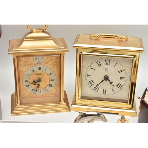 148 - CARRIAGE CLOCKS, MANTLE CLOCKS AND OTHER ITEMS, to include two quartz carriage clocks, four small ma... 