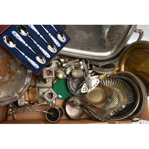 150 - A BOX OF ASSORTED WHITE METAL WARE, to include a serving tray, a salver, a pewter posey vase, signed... 