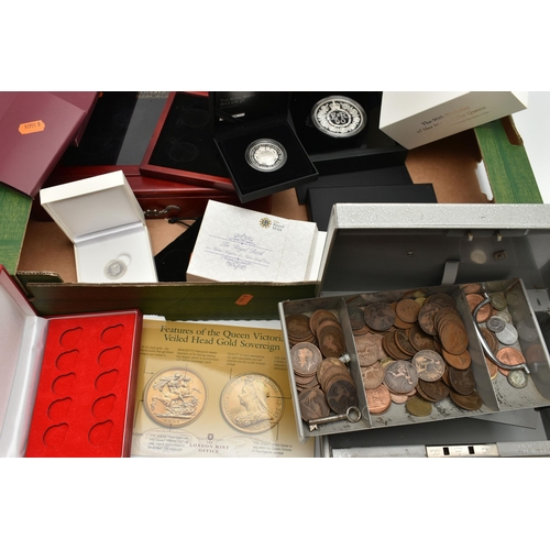 152 - A LARGE CARDBOARD BOX CONTAINING MIXED COINAGE, to include a Royal Mint The Royal Birth 2015 Silver ... 