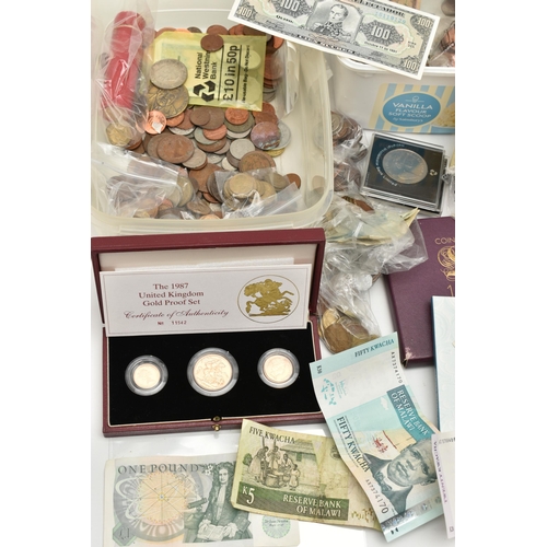 153 - A BOX CONTAINING MIXED COINS, to include A Royal Mint 1987 UK cased Gold Proof Set of Double Soverei... 