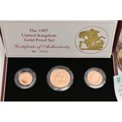 153 - A BOX CONTAINING MIXED COINS, to include A Royal Mint 1987 UK cased Gold Proof Set of Double Soverei... 