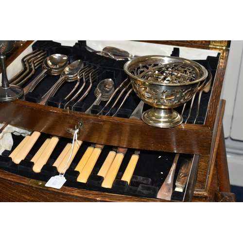 155 - A CANTEEN OF EPNS CUTLERY AND FURTHER CUTLERY, MATS AND A TABLE, the wooden canteen with hinged lid ... 