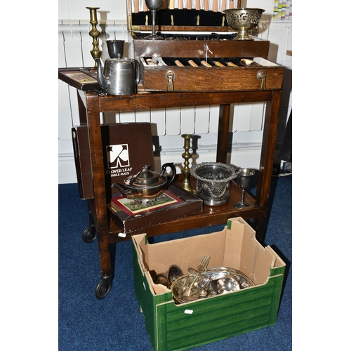 155 - A CANTEEN OF EPNS CUTLERY AND FURTHER CUTLERY, MATS AND A TABLE, the wooden canteen with hinged lid ... 