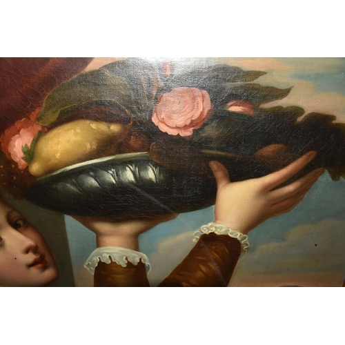 298 - CONTINENTAL SCHOOL, CIRCA 1700, AFTER TITIAN, GIRL WITH PLATTER OF FRUITS, oil on canvas, 101cm x 86... 