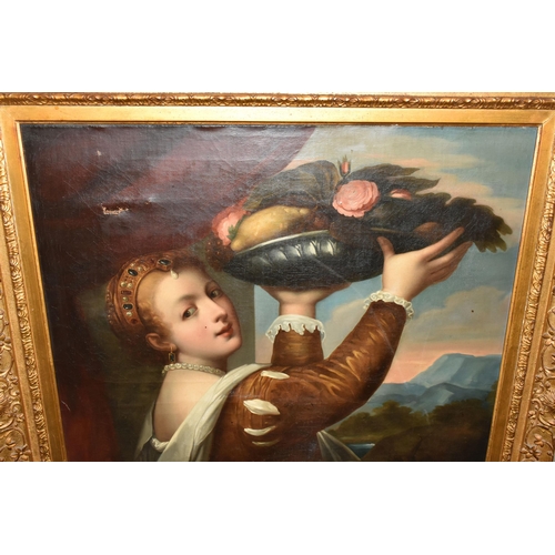 298 - CONTINENTAL SCHOOL, CIRCA 1700, AFTER TITIAN, GIRL WITH PLATTER OF FRUITS, oil on canvas, 101cm x 86... 