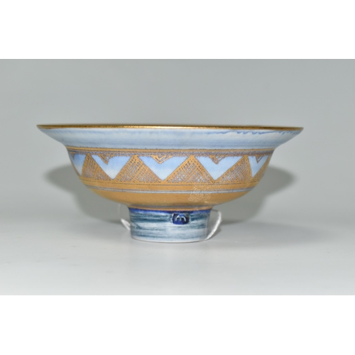 323 - A MARY RICH POTTERY BOWL, (British 1940-2022), decorated with gilt bands of geometric lattice decora... 