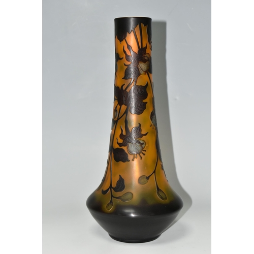 327 - AN AMBER CAMEO GLASS VASE, with darker brown relief pattern of fuchsias, bears signature, height 35c... 