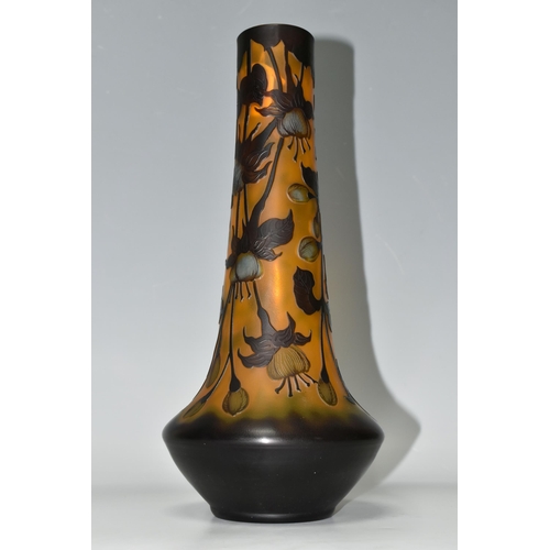 327 - AN AMBER CAMEO GLASS VASE, with darker brown relief pattern of fuchsias, bears signature, height 35c... 