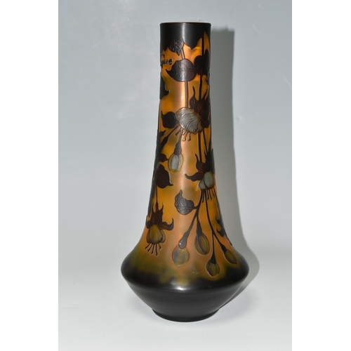 327 - AN AMBER CAMEO GLASS VASE, with darker brown relief pattern of fuchsias, bears signature, height 35c... 