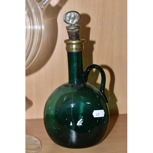 332 - TWO VICTORIAN GREEN GLASS DECANTERS AND A CIRCA 1980s STUDIO GLASS FLOWER STEM VASE / TULIPIERE?, th... 