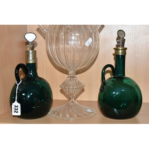 332 - TWO VICTORIAN GREEN GLASS DECANTERS AND A CIRCA 1980s STUDIO GLASS FLOWER STEM VASE / TULIPIERE?, th... 