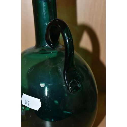 332 - TWO VICTORIAN GREEN GLASS DECANTERS AND A CIRCA 1980s STUDIO GLASS FLOWER STEM VASE / TULIPIERE?, th... 