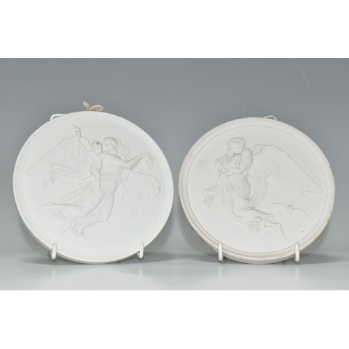 333 - TWO ROYAL COPENHAGEN CIRCULAR BISQUE PLAQUES, depicting angels and cherubs, one bearing painted wave... 