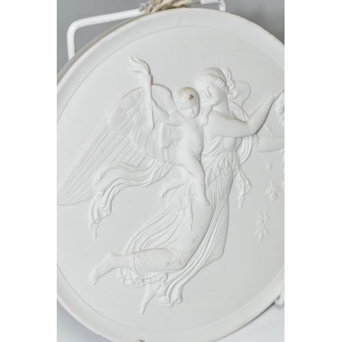 333 - TWO ROYAL COPENHAGEN CIRCULAR BISQUE PLAQUES, depicting angels and cherubs, one bearing painted wave... 