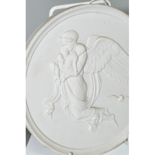 333 - TWO ROYAL COPENHAGEN CIRCULAR BISQUE PLAQUES, depicting angels and cherubs, one bearing painted wave... 