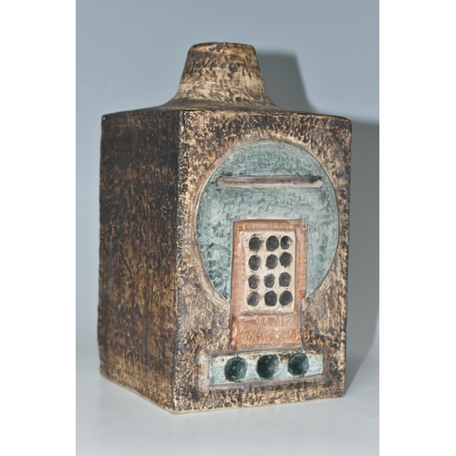 338 - A TROIKA POTTERY LAMP BASE, of rectangular form, two sides decorated with relief textured design in ... 