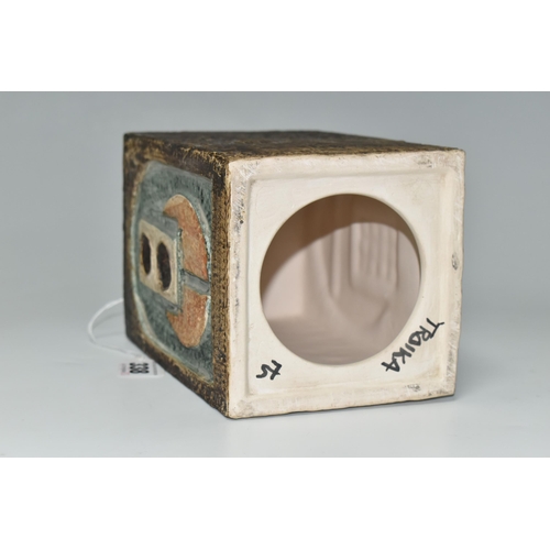 338 - A TROIKA POTTERY LAMP BASE, of rectangular form, two sides decorated with relief textured design in ... 