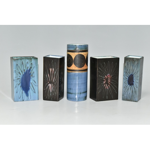 342 - FIVE SMALL TROIKA VASES, comprising four early rectangular slab vases decorated with a wax resist da... 