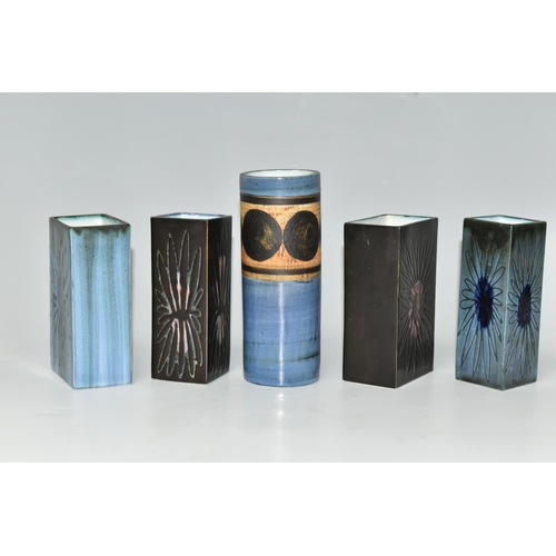 342 - FIVE SMALL TROIKA VASES, comprising four early rectangular slab vases decorated with a wax resist da... 