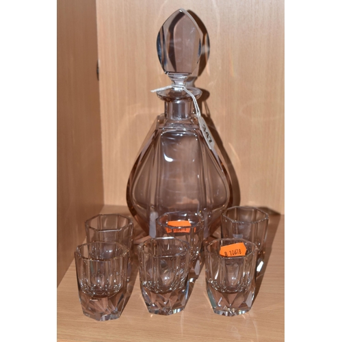 347 - AN ART DECO STYLE CZECH/BOHEMIAN GLASS DECANTER AND GLASSES, the decanter of faceted footed form wit... 