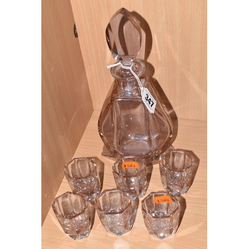 347 - AN ART DECO STYLE CZECH/BOHEMIAN GLASS DECANTER AND GLASSES, the decanter of faceted footed form wit... 