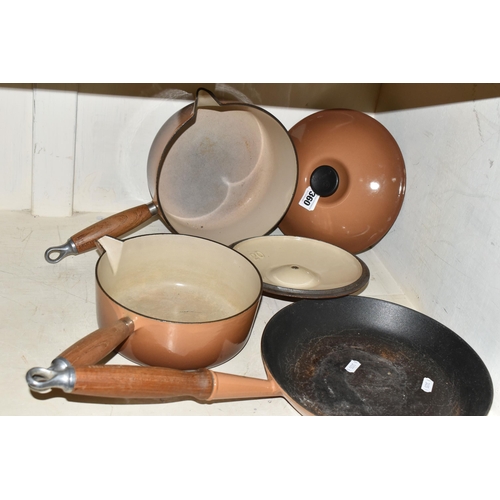 360 - THREE LE CREUSET CAST IRON COOKWARES, comprising 20cm and 22cm saucepans with lids and a 26cm frying... 